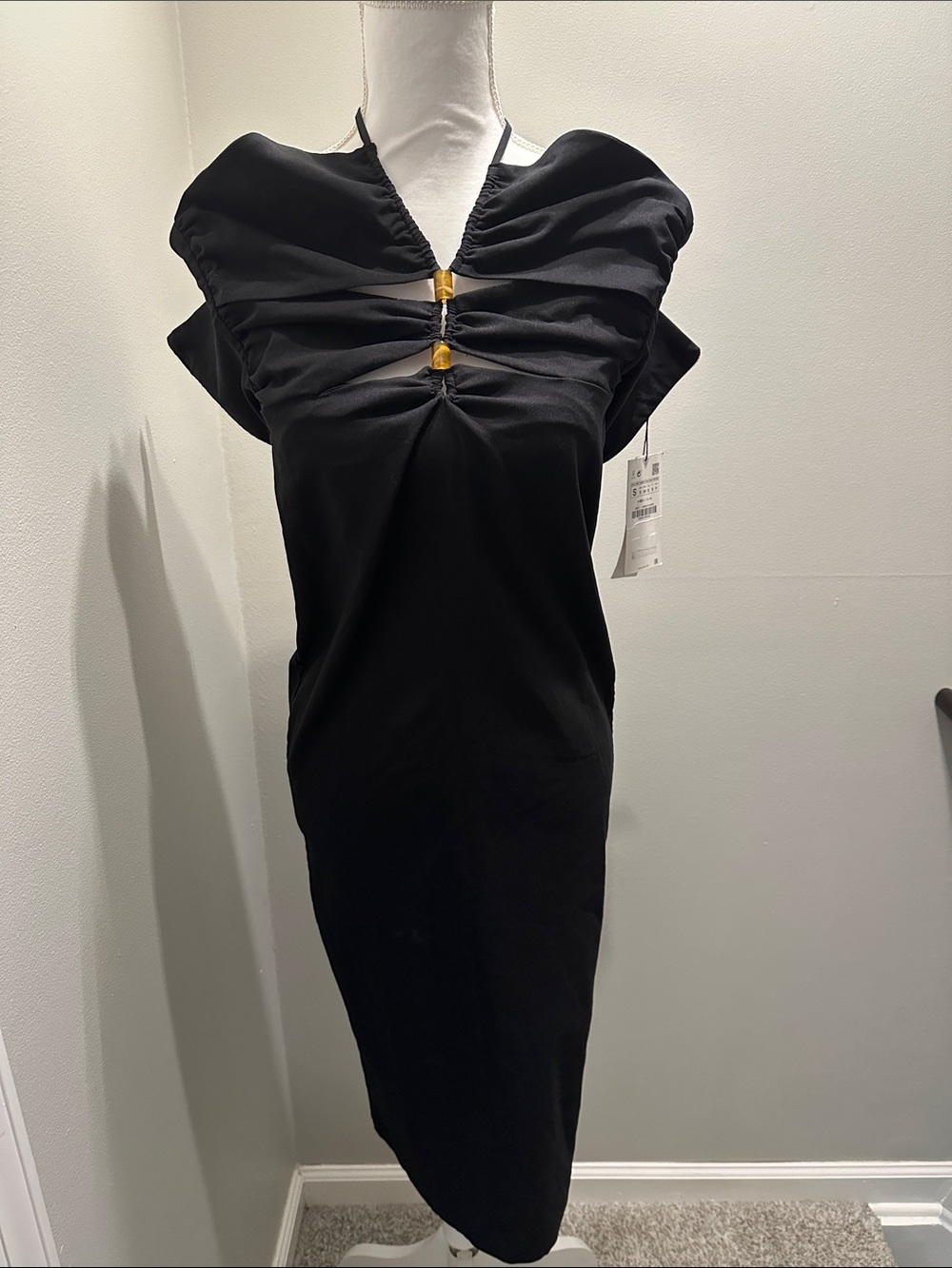 Zara Black Midi Dress with Gold Accent Hardware